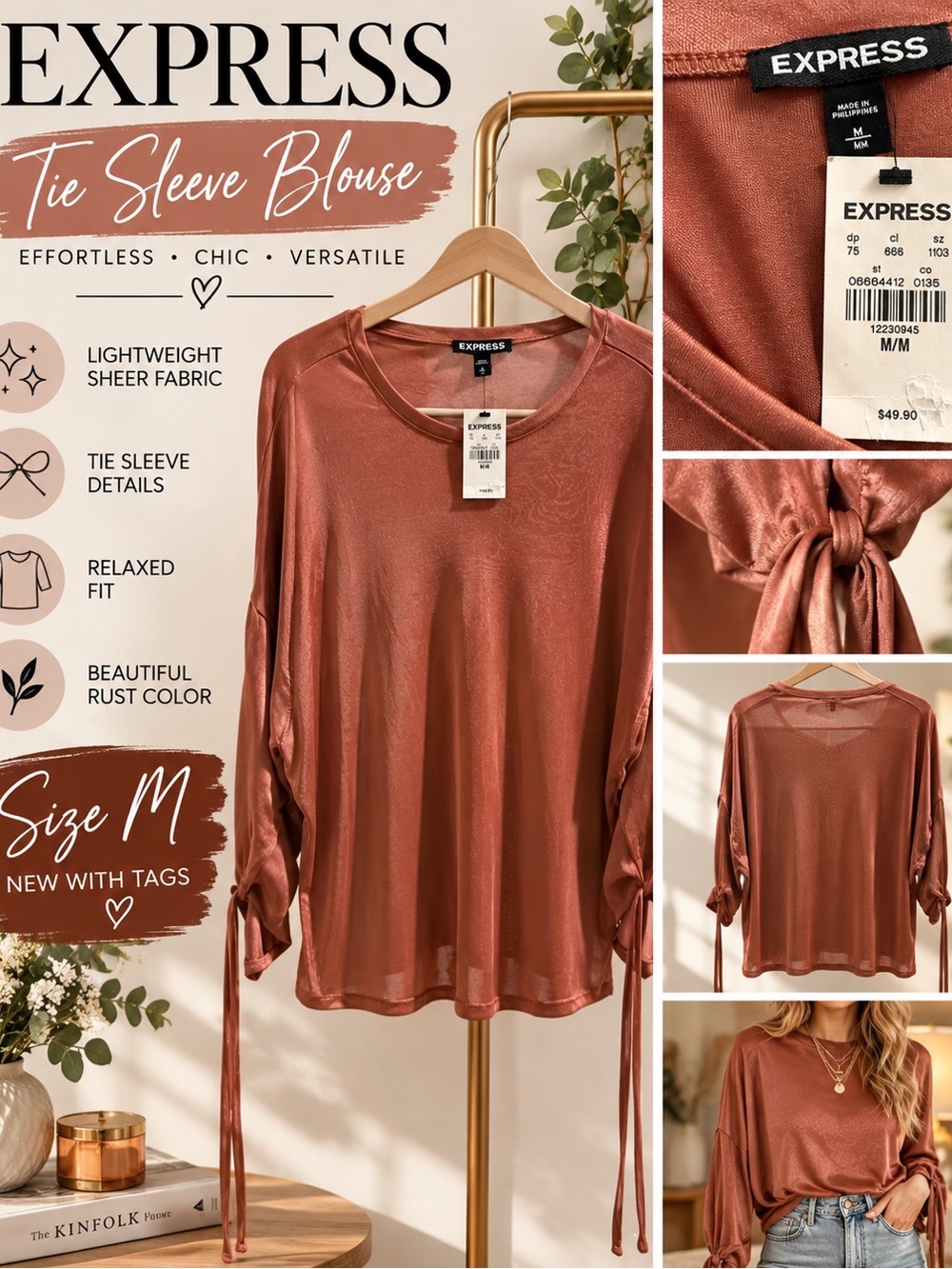 Express Rust Satin Sheer Tie Sleeve Blouse Top NWT Size M